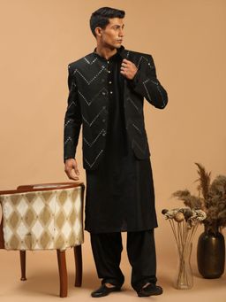 Vastramay - Mens Black Viscose Ethnic Kurta and Pyjama with Jacket (Set of 3)