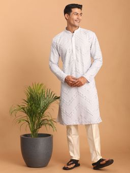 Vastramay - Mens Off White with Cream Georgette Kurta and Pyjama (Set of 2)