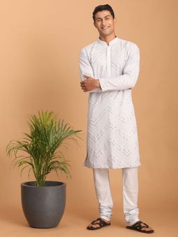 Vastramay - Mens Off White Georgette Kurta and Pyjama (Set of 2)