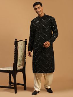 Vastramay - Mens Black with Cream Georgette Kurta and Patiala (Set of 2)