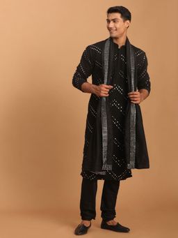 Vastramay - Mens Black Georgette Kurta and Pyjama with Dupatta (Set of 3)