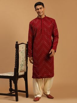 Vastramay - Mens Maroon with Cream Georgette Kurta and Patiala (Set of 2)