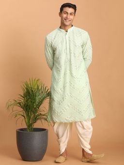 Vastramay - Mens Mint Green with Cream Georgette Kurta and Dhoti (Set of 2)