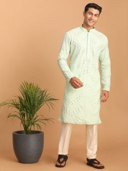 Vastramay - Mens Mint Green with Cream Georgette Kurta and Pyjama (Set of 2)