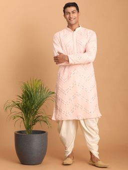 Vastramay - Mens Pink with Cream Georgette Kurta and Dhoti (Set of 2)