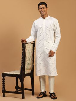 Vastramay - Mens White Georgette Kurta and Pyjama (Set of 2)