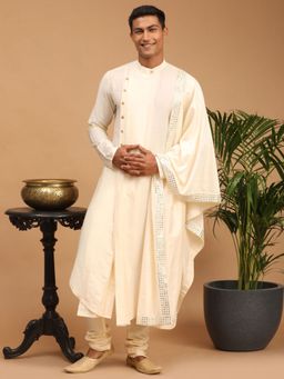 Vastramay - Mens Cream Viscose Blend Kurta Pyjama and Dupatta (Set of 3)