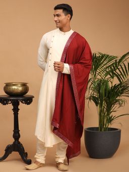 Vastramay - Mens Cream Viscose Blend Kurta Pyjama and Dupatta (Set of 3)