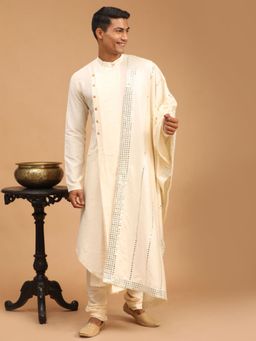Vastramay - Mens Cream Viscose Blend Kurta Pyjama and Dupatta (Set of 3)