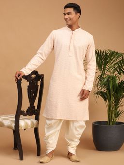 Vastramay - Mens Cream Georgette Kurta Dhoti (Set of 2)
