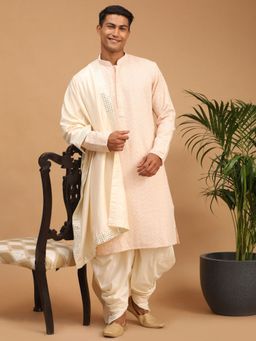 Vastramay - Mens Cream Georgette Kurta Dhoti with Dupatta (Set of 3)