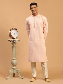 Vastramay - Mens Pink with Cream Georgette Kurta and Pyjama (Set of 2)