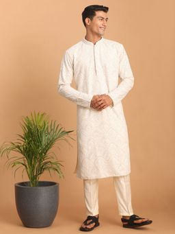 Vastramay - Mens Cream Georgette Kurta and Pyjama (Set of 2)