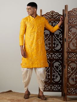 Vastramay - Mens Yellow Georgette Kurta and Dhoti (Set of 2)