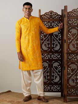 Vastramay - Mens Yellow Georgette Kurta and Patiala (Set of 2)
