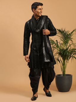 Vastramay - Mens Black Viscose Kurta and Dhoti with Dupatta (Set of 3)