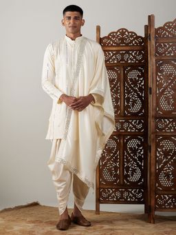 Vastramay - Mens Cream Viscose Kurta and Dhoti with Dupatta (Set of 3)