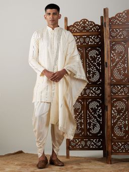 Vastramay - Mens Cream Viscose Kurta and Dhoti with Dupatta (Set of 3)