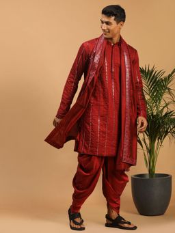 Vastramay - Mens Maroon Viscose Kurta and Dhoti with Dupatta (Set of 3)