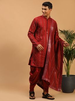 Vastramay - Mens Maroon Viscose Kurta and Dhoti with Dupatta (Set of 3)