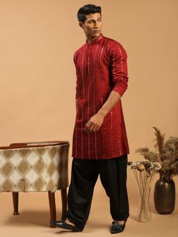 Vastramay - Mens Maroon with Black Viscose Kurta and Patiala (Set of 2)