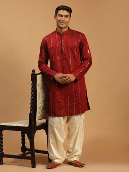 Vastramay - Mens Maroon with Cream Viscose Kurta and Patiala (Set of 2)