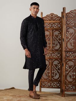 Vastramay - Mens Black Georgette Kurta and Pyjama (Set of 2)