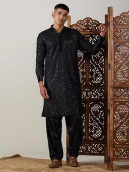 Vastramay - Mens Black Georgette Kurta and Patiala (Set of 2)
