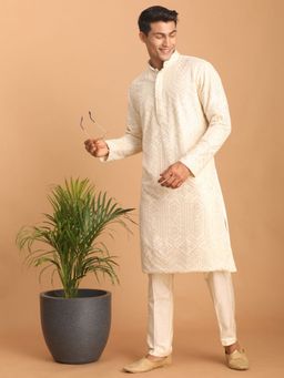 Vastramay - Mens Cream Cotton Blend Kurta and Pyjama (Set of 2)
