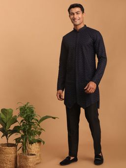 Vastramay - Mens Navy Blue with Black Silk Blend Kurta and Pyjama (Set of 2)