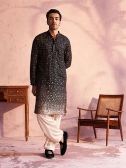 Vastramay - Mens Black with Cream Georgette Kurta and Patiala (Set of 2)