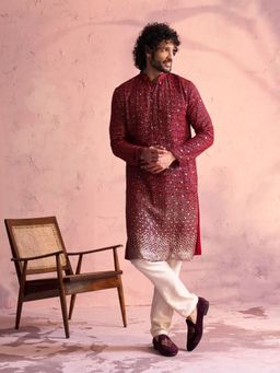 Vastramay - Mens Maroon with Cream Georgette Kurta and Pyjama (Set of 2)