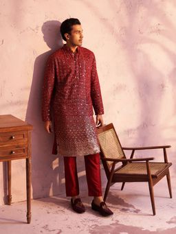 Vastramay - Mens Maroon Georgette Kurta and Pyjama (Set of 2)