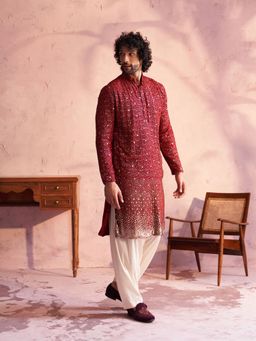 Vastramay - Mens Maroon with Cream Georgette Kurta and Patiala (Set of 2)