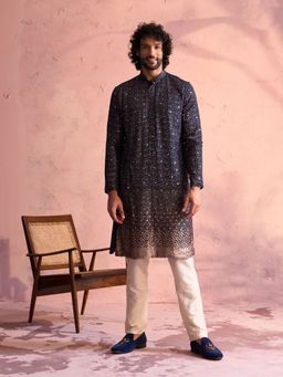 Vastramay - Mens Navy Blue with Cream Georgette Kurta and Pyjama (Set of 2)
