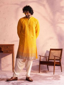 Vastramay - Mens Yellow with Cream Georgette Kurta and Patiala (Set of 2)