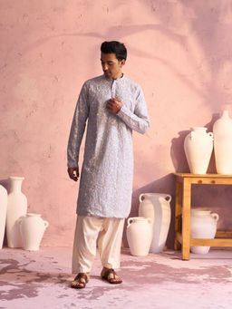 Vastramay - Mens Pastel Blue with Cream Georgette Kurta and Patiala (Set of 2)