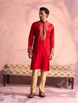 Vastramay - Mens Red with Rose Gold Moonga Silk Kurta and Pyjama (Set of 2)