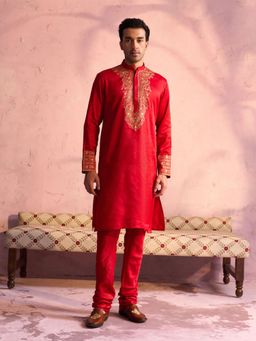 Vastramay - Mens Red with Cream Moonga Silk Kurta and Pyjama (Set of 2)