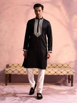 Vastramay - Mens Black with Cream Moonga Silk Kurta and Pyjama (Set of 2)