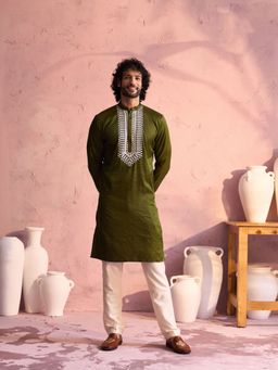 Vastramay - Mens Mehendi Green with Cream Moonga Silk Kurta and Pyjama (Set of 2)