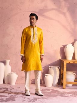 Vastramay - Mens Yellow with Cream Moonga Silk Kurta and Pyjama (Set of 2)
