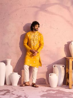 Vastramay - Mens Yellow with Cream Moonga Silk Kurta and Pyjama (Set of 2)