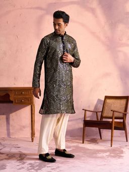 Vastramay - Mens Black with Cream Georgette Kurta and Patiala (Set of 2)