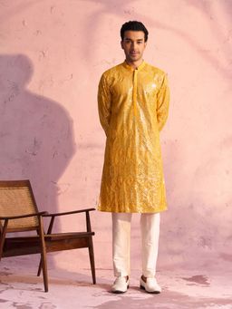 Vastramay - Mens Yellow with Cream Georgette Kurta and Pyjama (Set of 2)