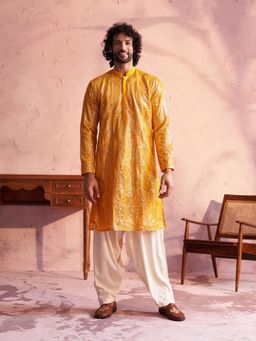 Vastramay - Mens Yellow with Cream Georgette Kurta and Patiala (Set of 2)