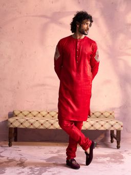 Vastramay - Mens Red with Cream Moonga Silk Kurta and Pyjama (Set of 2)