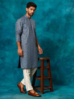 Vastramay - Mens Blue with Cream Rayon Cotton Kurta and Pyjama (Set of 2)