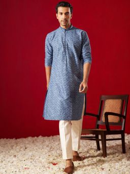 Vastramay - Mens Blue with Cream Rayon Cotton Kurta and Pyjama (Set of 2)