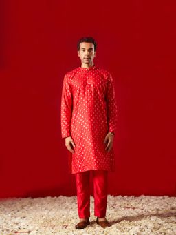 Vastramay - Mens Red Silk Blend Kurta and Pyjama (Set of 2)